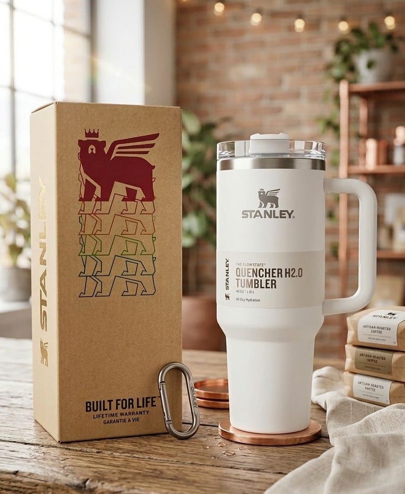 ستانلي كوب استانلس، كوب استانلس سعة 40 اونصه مع شاليموه ومقبض، كوب معزول مع غطاء كوب للسفر، كوب قهوة من الفولاذ المقاوم للصدأ  للمشروبات المثلجة الساخنة، كوب سفر بمقبض - Image 1