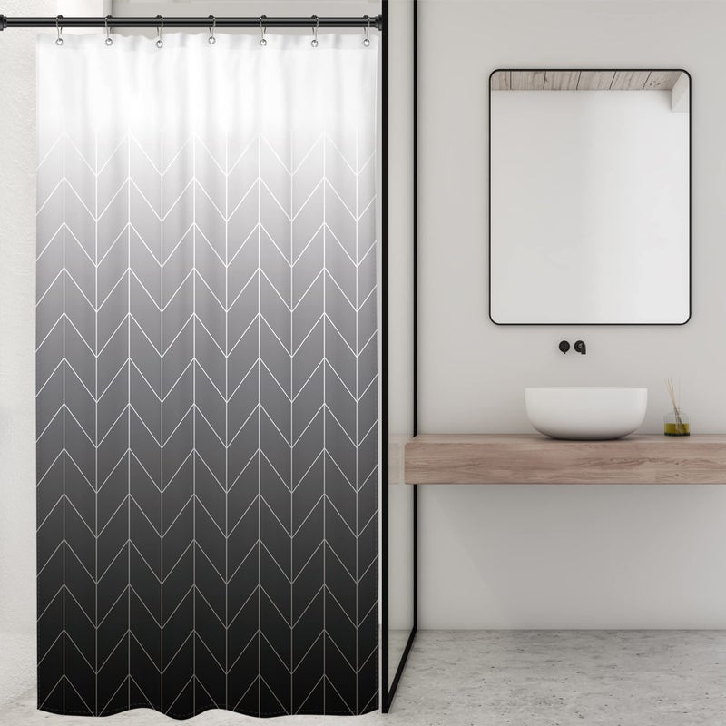 Riyidecor Small Stall RV Shower Curtain Black Grey White Half Ombre Herringbone Chevron 36Wx72H Inch Geometric Modern Narrow Walkin Single Fabric Decor Bathroom Polyester Waterproof 7 Pack Hooks - Image 3