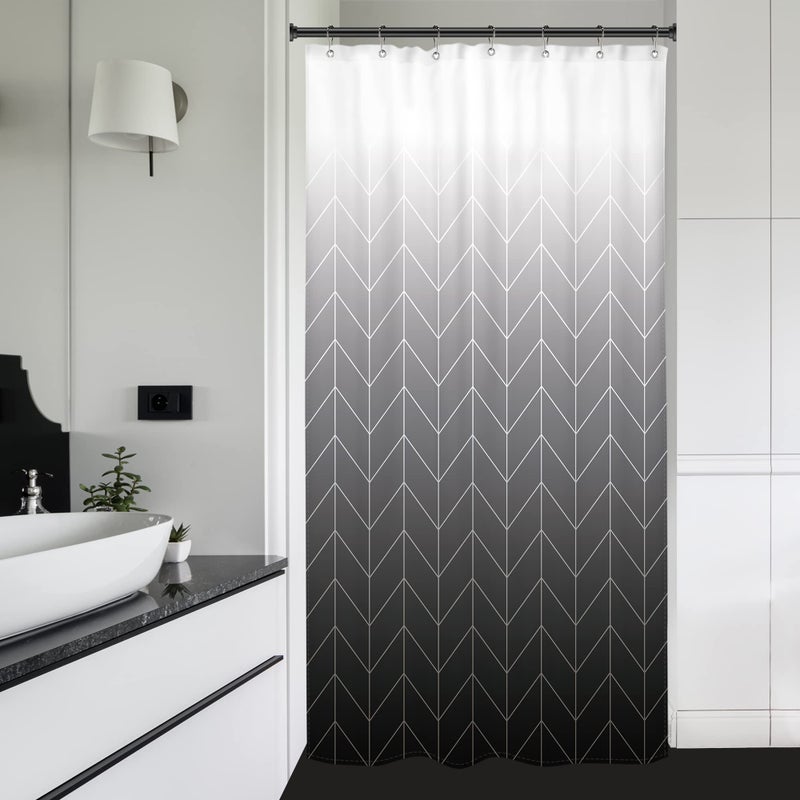Riyidecor Small Stall RV Shower Curtain Black Grey White Half Ombre Herringbone Chevron 36Wx72H Inch Geometric Modern Narrow Walkin Single Fabric Decor Bathroom Polyester Waterproof 7 Pack Hooks - Image 1