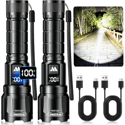 WdtPro Rechargeable Flashlights High Lumens 2Pack Super Bright Flashlight Powerful 3Mode Zoomable Tactical Flash Light with LCD Digital Display Handheld LED Flashlights for Home Emergencies Camping - Image 1