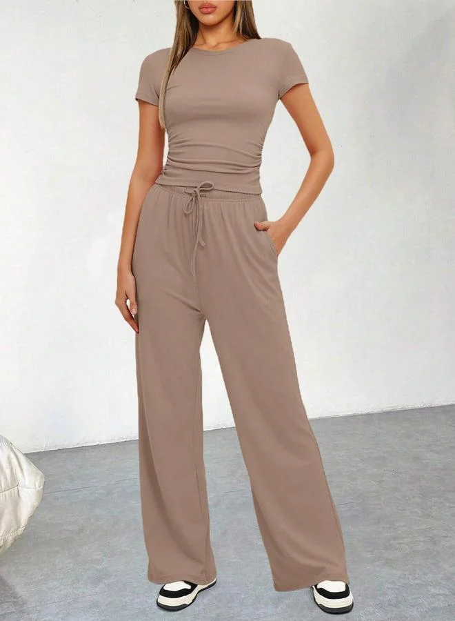 Take Two Beige Solid Crop Top and Pants Casual Co-ord Set