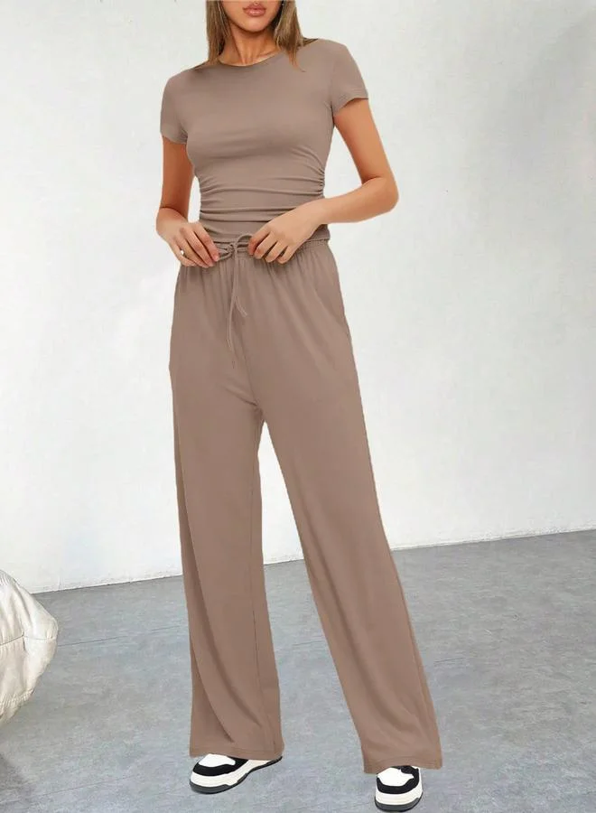 Take Two Beige Solid Crop Top and Pants Casual Co-ord Set