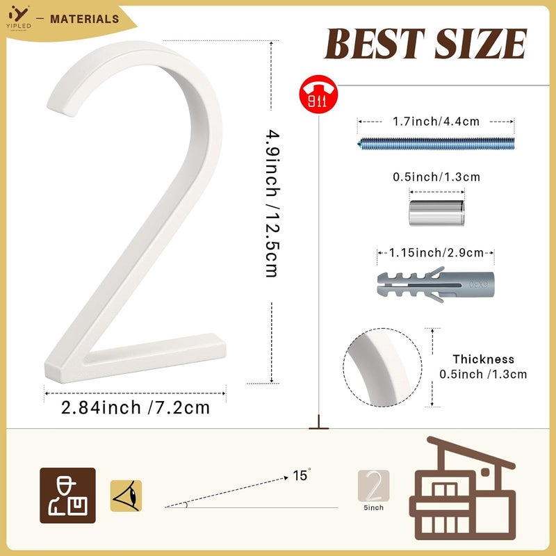 YIPLED 5 Inch House Numbers for Outside, Metal Address Number 2- Modern Design, Weather-Resistant White Crystal Powder Coated Finish, Stain Resistant, No Paint Peeling (White) - Image 3