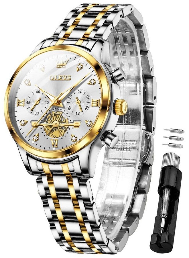 OLEVS Womens Watches Chronograph Luxury Diamond Dress Analog Quartz Wrist Watches Two Tone Stainless Steel Waterproof Luminous Ladies Watch Gold White - Image 1