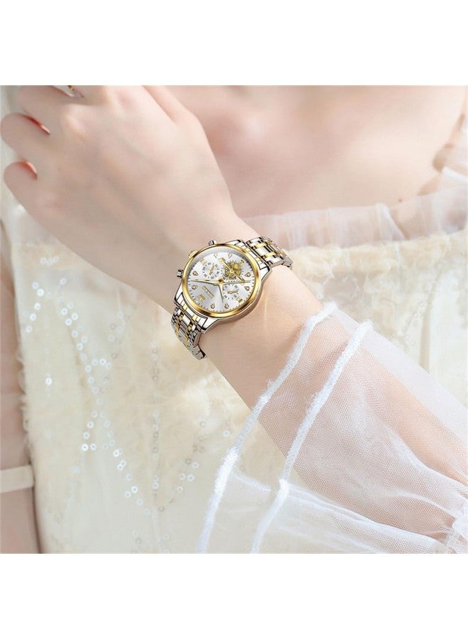 OLEVS Womens Watches Chronograph Luxury Diamond Dress Analog Quartz Wrist Watches Two Tone Stainless Steel Waterproof Luminous Ladies Watch Gold White - Image 3