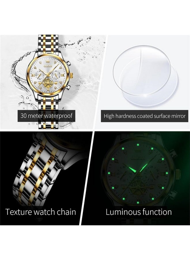 OLEVS Womens Watches Chronograph Luxury Diamond Dress Analog Quartz Wrist Watches Two Tone Stainless Steel Waterproof Luminous Ladies Watch Gold White - Image 5
