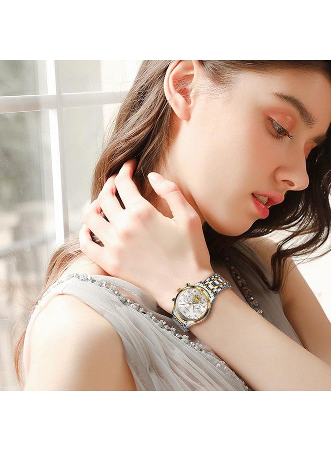 OLEVS Womens Watches Chronograph Luxury Diamond Dress Analog Quartz Wrist Watches Two Tone Stainless Steel Waterproof Luminous Ladies Watch Gold White - Image 4