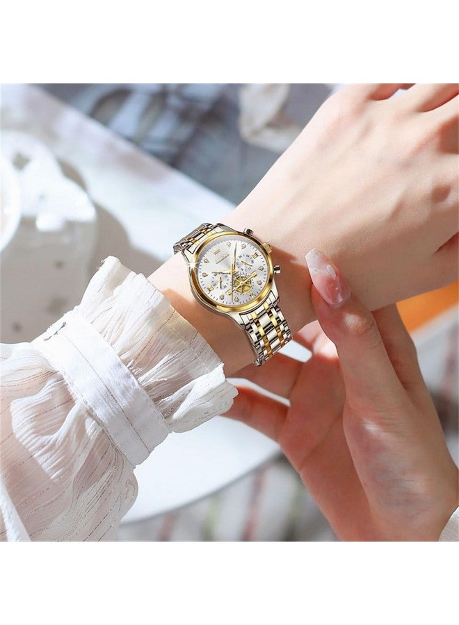 OLEVS Womens Watches Chronograph Luxury Diamond Dress Analog Quartz Wrist Watches Two Tone Stainless Steel Waterproof Luminous Ladies Watch Gold White - Image 2