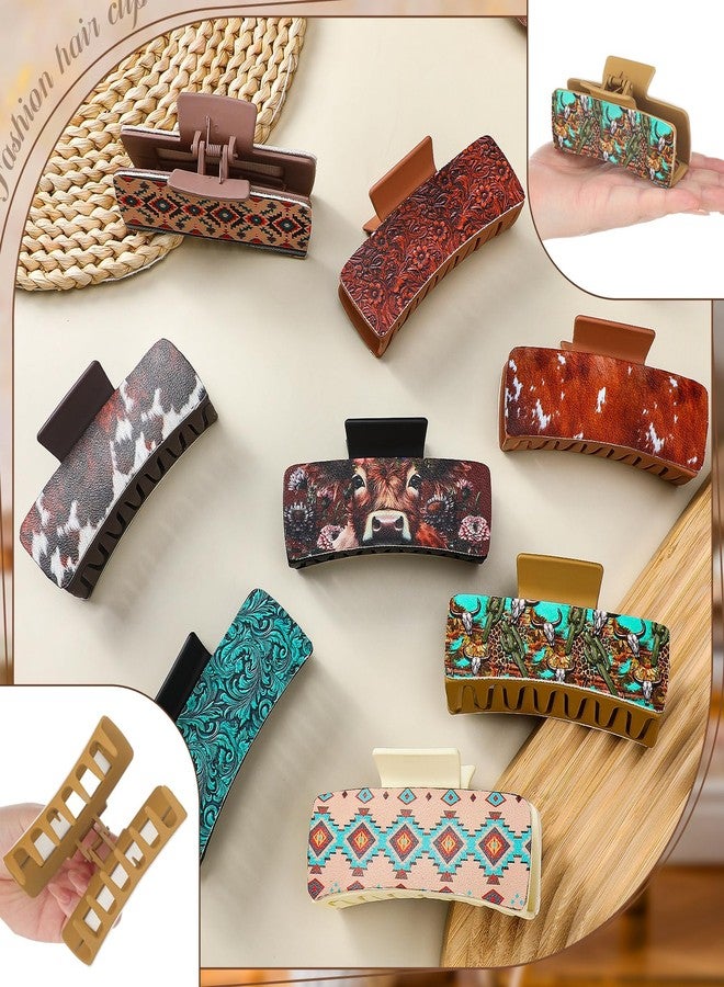 FineCheer 8 Pcs Western Hair Claw Clips Bulk Cow Print Highland Cattle Hair Accessories Leather Claw Clips Western Cowgirl Accessories Gifts for Girls Women Country Mother's Day Teacher Gift(Classic) - Image 2