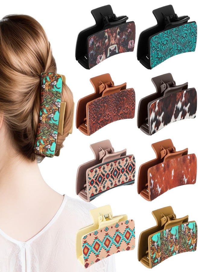 FineCheer 8 Pcs Western Hair Claw Clips Bulk Cow Print Highland Cattle Hair Accessories Leather Claw Clips Western Cowgirl Accessories Gifts for Girls Women Country Mother's Day Teacher Gift(Classic) - Image 1