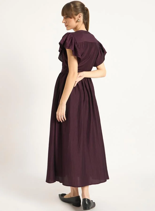 Femmella Femmella Solid Frill Sleeves Maxi Dress with Tie Belt