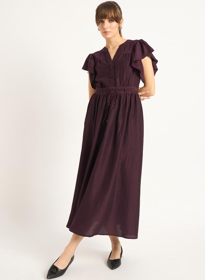 Femmella Solid Frill Sleeves Maxi Dress with Tie Belt - Image 1