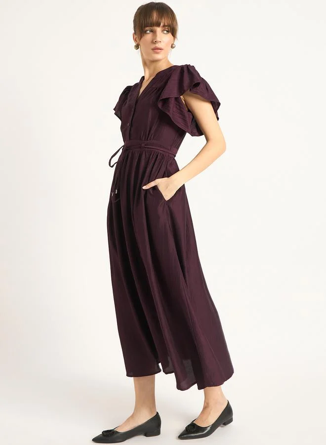 Femmella Femmella Solid Frill Sleeves Maxi Dress with Tie Belt