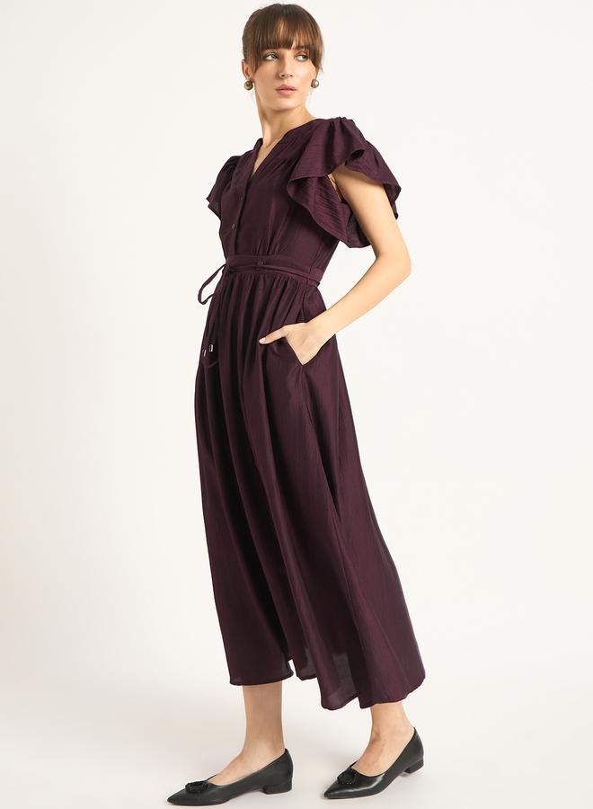 Femmella Solid Frill Sleeves Maxi Dress with Tie Belt - Image 3