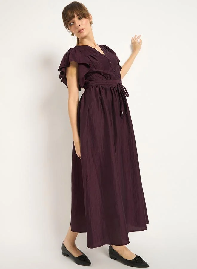 Femmella Femmella Solid Frill Sleeves Maxi Dress with Tie Belt