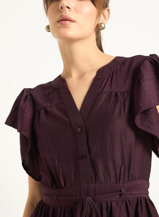 Femmella Femmella Solid Frill Sleeves Maxi Dress with Tie Belt