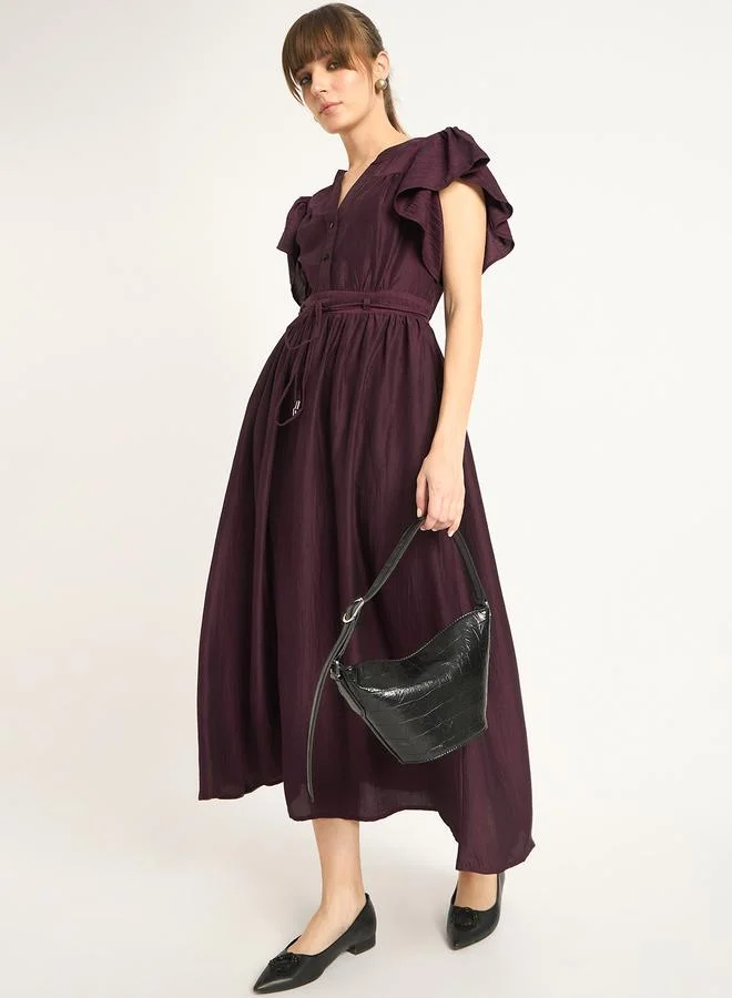 Femmella Femmella Solid Frill Sleeves Maxi Dress with Tie Belt