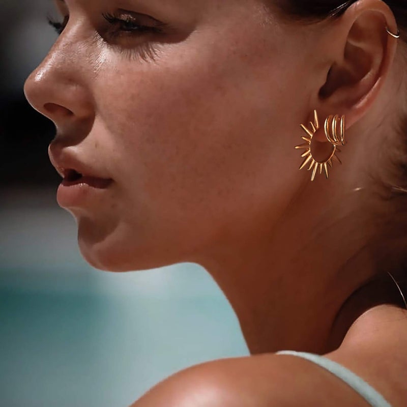 MYEARS Women Sun Earrings Gold Open Spike Hoop C Shape 14K Gold Filled Small Simple Handmade Hypoallergenic Everyday Illusion Jewelry - Image 2