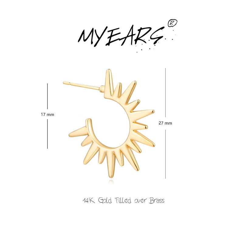 MYEARS Women Sun Earrings Gold Open Spike Hoop C Shape 14K Gold Filled Small Simple Handmade Hypoallergenic Everyday Illusion Jewelry - Image 4