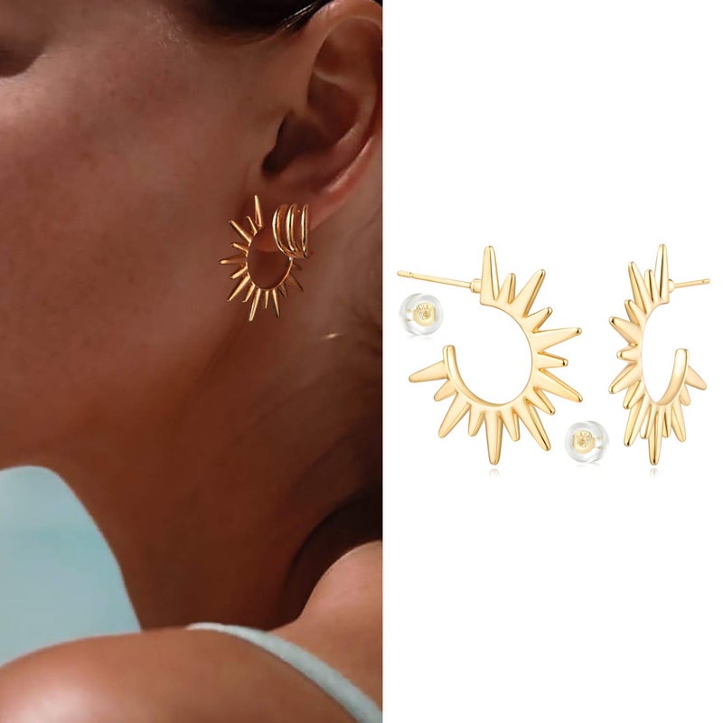 MYEARS Women Sun Earrings Gold Open Spike Hoop C Shape 14K Gold Filled Small Simple Handmade Hypoallergenic Everyday Illusion Jewelry - Image 3