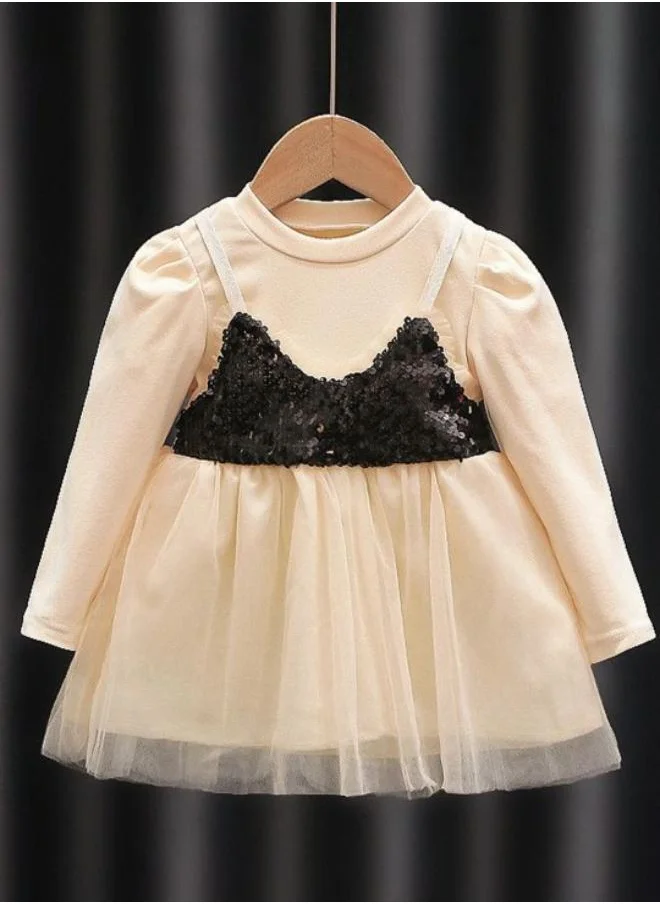 YUNIQEE Beige Fit & Flare Crew Neck Embellished Dress
