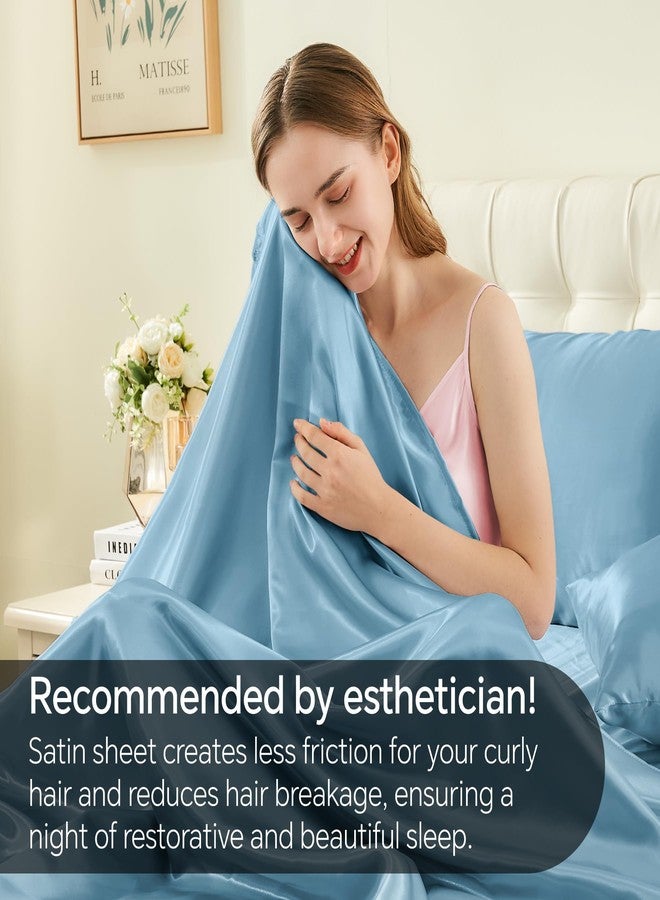 BEDELITE King Size Sheets Set, Luxury Soft Airy Blue Satin Sheets for Hair and Skin, Similar to Silk Bed Sheets Set 4 Pieces with 1 Deep Pocket Fitted Sheet, 1 Flat Sheet, and 2 Pillowcases - Image 4