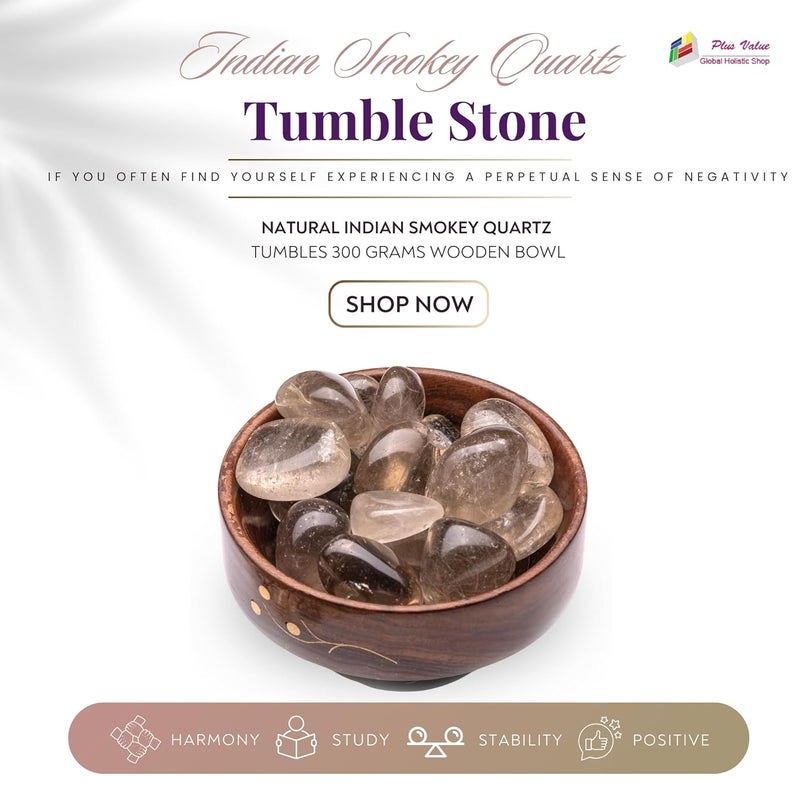 Plus Value Indian Smokey Smoky Quartz Tumbles Stone Pebbles Tumbled Healing Crystal Metaphysical Healing Chakra Stone 300Grams Wooden Bowl - Image 2
