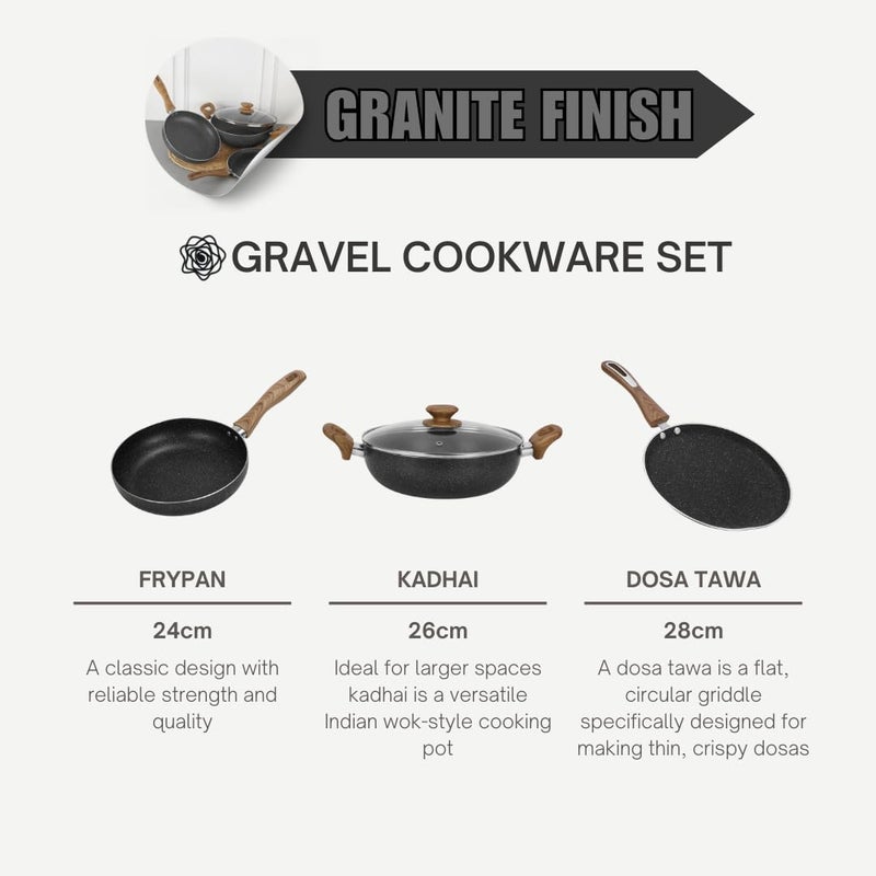 Chakmak Gravel Non Stick Cookware Set 4 Pc | Non Stick | Induction Bottom | Granite Finish | PFOA Free | Kadhai with Lid 26cm/3.2 L, Frypan 24cm/1.5L, Dosa tawa 28cm (4Pcs) - Image 4