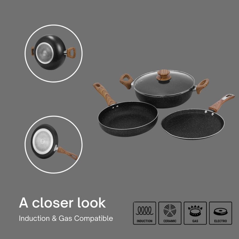 Chakmak Gravel Non Stick Cookware Set 4 Pc | Non Stick | Induction Bottom | Granite Finish | PFOA Free | Kadhai with Lid 26cm/3.2 L, Frypan 24cm/1.5L, Dosa tawa 28cm (4Pcs) - Image 5