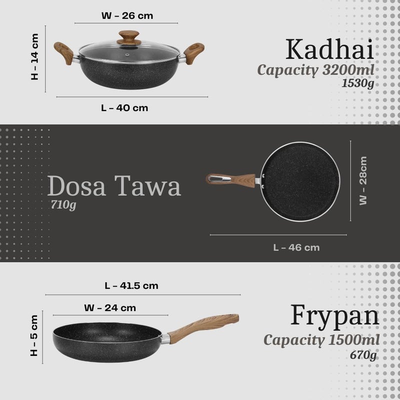 Chakmak Gravel Non Stick Cookware Set 4 Pc | Non Stick | Induction Bottom | Granite Finish | PFOA Free | Kadhai with Lid 26cm/3.2 L, Frypan 24cm/1.5L, Dosa tawa 28cm (4Pcs) - Image 3