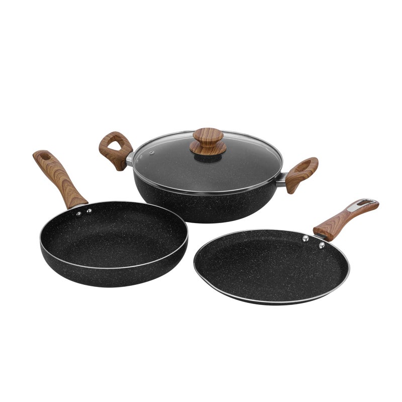 Chakmak Gravel Non Stick Cookware Set 4 Pc | Non Stick | Induction Bottom | Granite Finish | PFOA Free | Kadhai with Lid 26cm/3.2 L, Frypan 24cm/1.5L, Dosa tawa 28cm (4Pcs) - Image 2