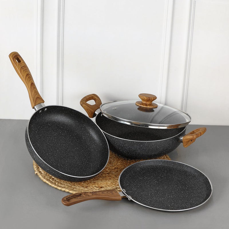 Chakmak Gravel Non Stick Cookware Set 4 Pc | Non Stick | Induction Bottom | Granite Finish | PFOA Free | Kadhai with Lid 26cm/3.2 L, Frypan 24cm/1.5L, Dosa tawa 28cm (4Pcs) - Image 1