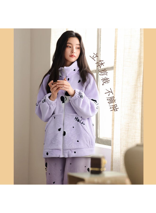 Zisehy Purple Floral Language Comfortable Anti-static Flannel Autumn Winter Women's Pajamas Homewear Warm Stand Collar Purple - Image 1
