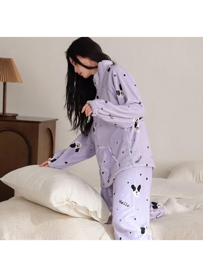 Zisehy Purple Floral Language Comfortable Anti-static Flannel Autumn Winter Women's Pajamas Homewear Warm Stand Collar Purple - Image 3
