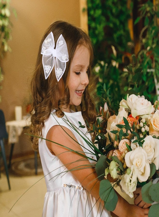 ميروكش مشابك شعر على شكل فيونكة من اللؤلؤ الأبيض لحفلات زفاف الفتيات الصغيرات، مصنوعة من شريط تول شبكي بطول 4 بوصات، مزينة بفيونكة هزازة ودبابيس شعر على شكل فيونكة تمساح، مناسبة للأطفال الصغار، ولحفلات التتويج، وحفلات المناولة الأولى، ولتزيين فساتين الزفاف، كهدية تذكارية. - Image 3