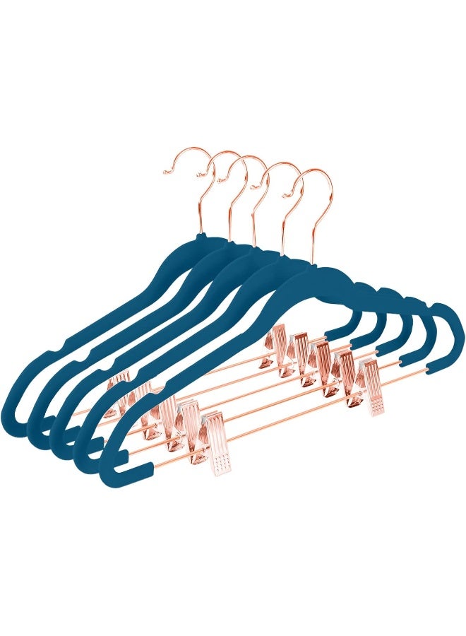 MIZGI MIZGI Premium Velvet Pants Hangers with Clips (Pack of 20) Slim Skirt Hangers- Non Slip Felt Outfit Dress Hangers Teal - Copper/Rose Gold Hooks,Space Saving Shirt Clothes Hangers  - Image 1