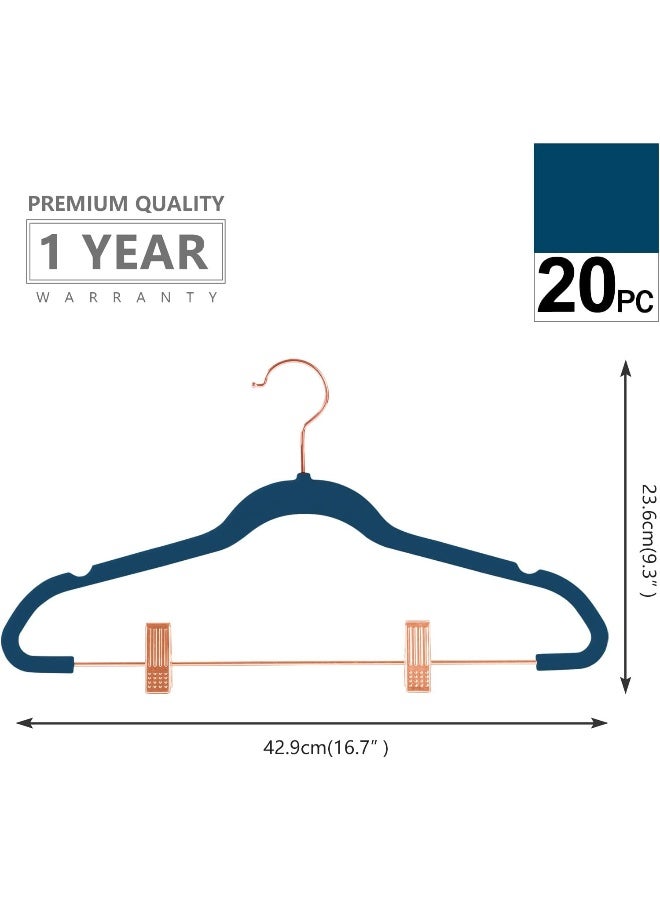 MIZGI MIZGI Premium Velvet Pants Hangers with Clips (Pack of 20) Slim Skirt Hangers- Non Slip Felt Outfit Dress Hangers Teal - Copper/Rose Gold Hooks,Space Saving Shirt Clothes Hangers  - Image 2