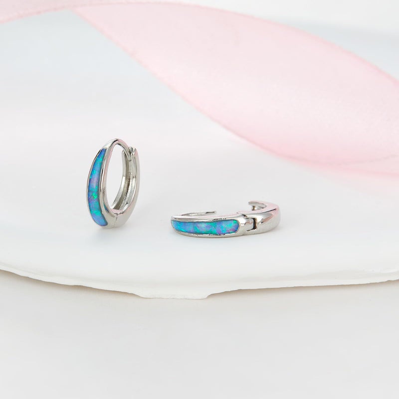 Jacruces Silver Earrings for Women Trendy Blue Opal Huggie Earrings Small Silver Hoop Earring 14k Gold Plated Opal Jewelry Birthday Gifts for Women Mom Her - Image 5