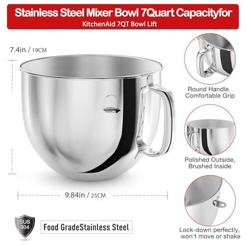 XINCAN 7QT Stainless Steel Mixer Bowl for Kitchenaid Stand Mixers, Kitchen Aid Mixing Bowl for 7QT Lift Mixer with Handle - Image 2