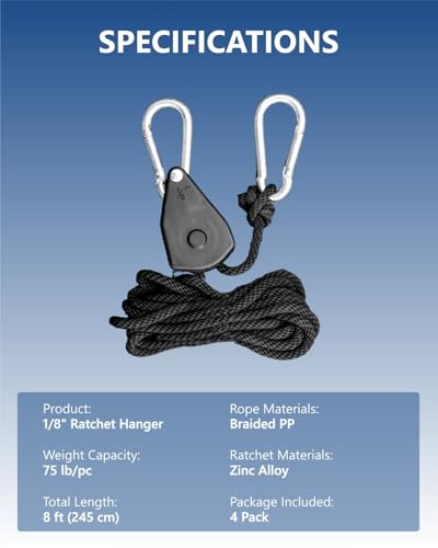 EVMANZ 1/8" Rope Tie Down Ratchet: 4 Pack of Adjustable Grow Light Hangers - Small Ratchet Straps for Various Hanging and Strapping - Image 5