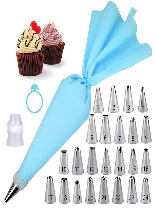 Restynic 27-Piece Cake Decorating Kit with 24 Stainless Steel Nozzles, Reusable Silicone Bag, Coupler & Tie - Icing Bags and Tips Set for Cupcakes, Cookies & Baking - Image 1