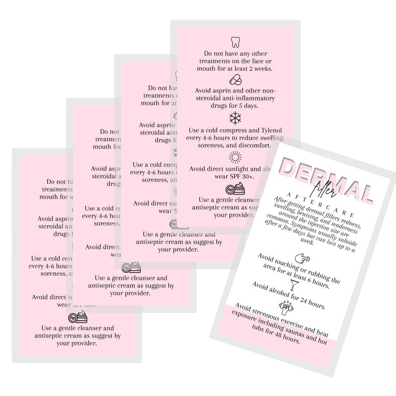 Lashicorn Dermal Filler Aftercare Card | 50 Pack | 2x3.5  inch Business Card Size | Medical Spa Business Cards | Dermal Filler Injections | Pink and White Design - Image 4