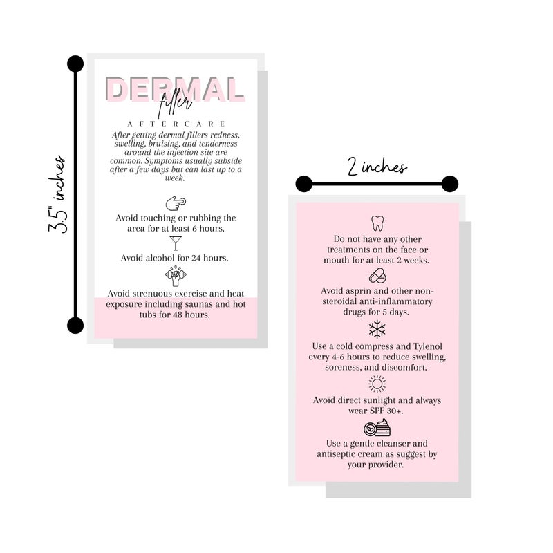 Lashicorn Dermal Filler Aftercare Card | 50 Pack | 2x3.5  inch Business Card Size | Medical Spa Business Cards | Dermal Filler Injections | Pink and White Design - Image 2