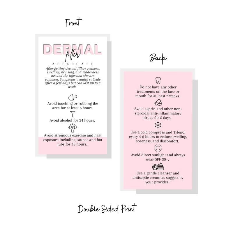 Lashicorn Dermal Filler Aftercare Card | 50 Pack | 2x3.5  inch Business Card Size | Medical Spa Business Cards | Dermal Filler Injections | Pink and White Design - Image 3