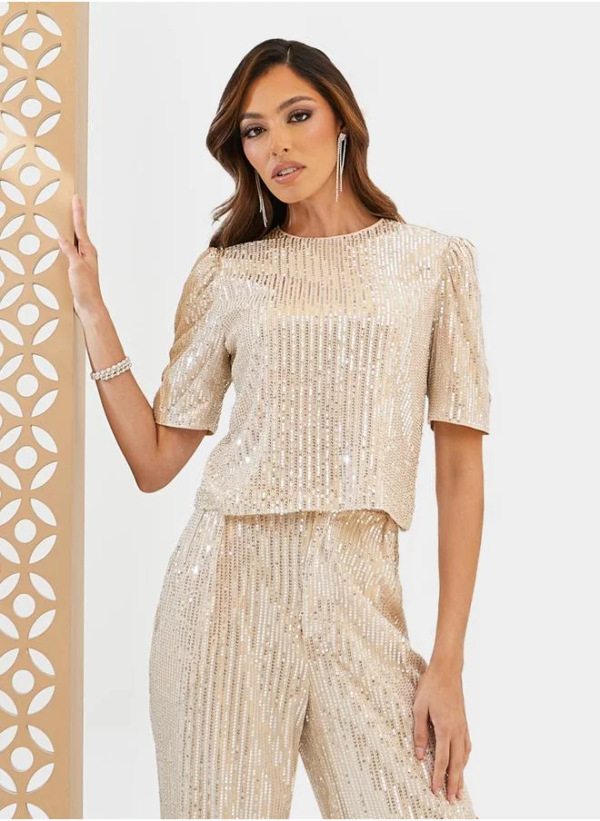 ستايلي Sequined Embellished Short Sleeve Top