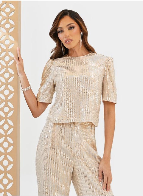 Sequined Embellished Short Sleeve Top