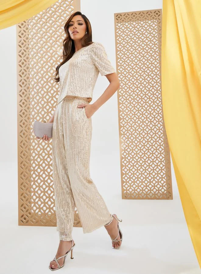 Styli Sequined Embellished Short Sleeve Top