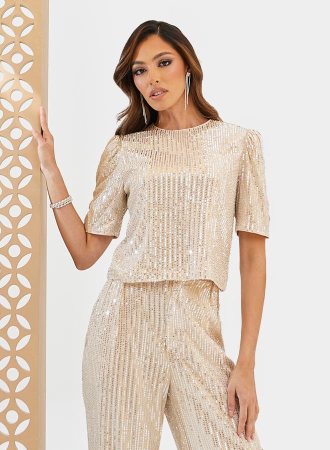 ستايلي بلوزة قصيرة بأكمام قصيرة مزينة بالترتر - Image 1