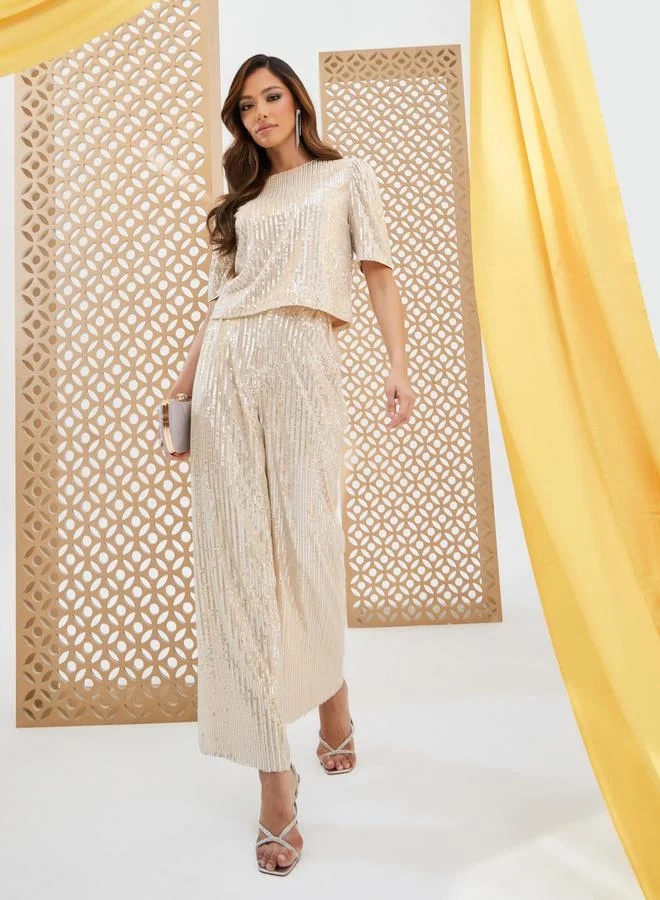 Styli Sequined Embellished Short Sleeve Top