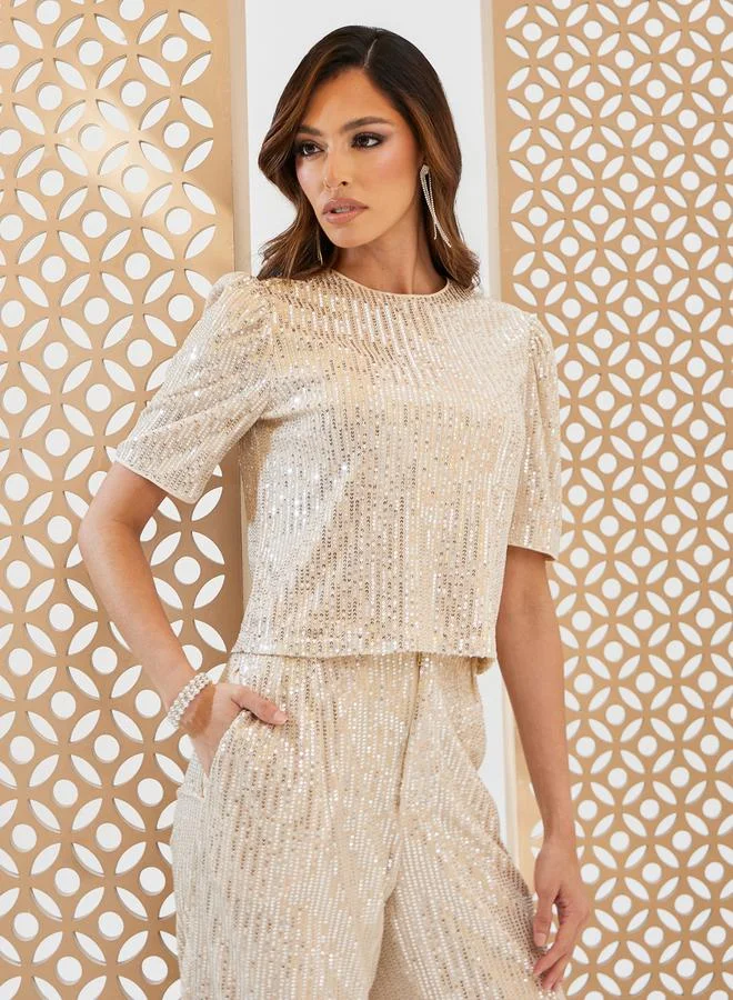 Styli Sequined Embellished Short Sleeve Top